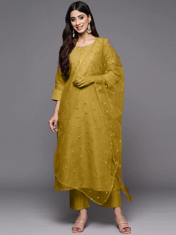Malishka Women's Mustard Poly Silk Embroidery Kurta Pant Set With Dupatta - Distacart