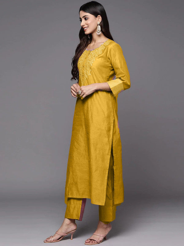Malishka Women's Mustard Poly Silk Embroidery Kurta Pant Set With Dupatta - Distacart