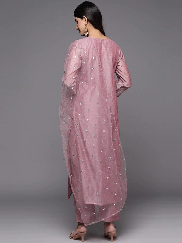 Malishka Women's Rose Gold Poly Silk Embroidery Kurta Pant Set With Dupatta - Distacart