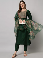 Thumbnail for Malishka Women's Dark Green Cotton Silk Embroidery Kurta Pant Set With Dupatta - Distacart