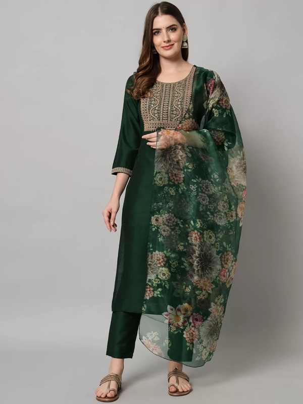 Malishka Women's Dark Green Cotton Silk Embroidery Kurta Pant Set With Dupatta - Distacart