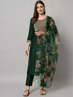 Thumbnail for Malishka Women's Dark Green Cotton Silk Embroidery Kurta Pant Set With Dupatta - Distacart