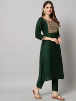 Thumbnail for Malishka Women's Dark Green Cotton Silk Embroidery Kurta Pant Set With Dupatta - Distacart