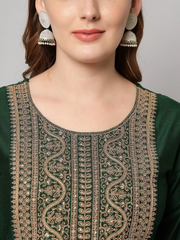 Malishka Women's Dark Green Cotton Silk Embroidery Kurta Pant Set With Dupatta - Distacart