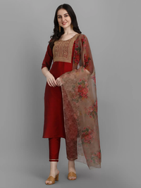 Thumbnail for Malishka Women's Maroon Cotton Silk Embroidery Kurta Pant Set With Dupatta - Distacart