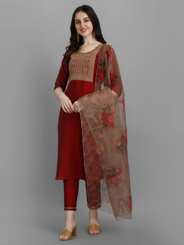 Malishka Women's Maroon Cotton Silk Embroidery Kurta Pant Set With Dupatta - Distacart