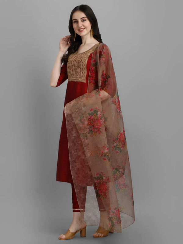 Malishka Women's Maroon Cotton Silk Embroidery Kurta Pant Set With Dupatta - Distacart