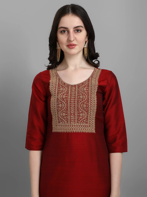 Malishka Women's Maroon Cotton Silk Embroidery Kurta Pant Set With Dupatta - Distacart