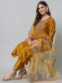 Thumbnail for Malishka Women's Mustard Cotton Silk Embroidery Kurta Pant Set With Dupatta - Distacart