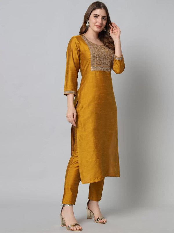 Malishka Women's Mustard Cotton Silk Embroidery Kurta Pant Set With Dupatta - Distacart
