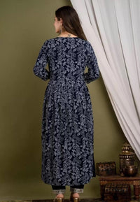 Thumbnail for Malishka Women's Blue Viscose Cotton Floral Printed & Embroidery Kurta Pant Set With Dupatta - Distacart