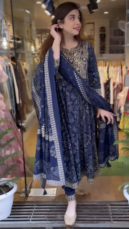 Malishka Women's Blue Viscose Cotton Floral Printed & Embroidery Kurta Pant Set With Dupatta - Distacart