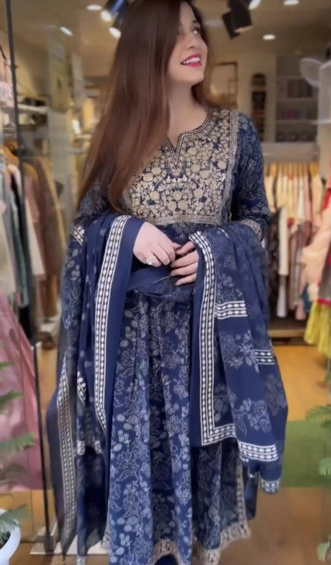 Malishka Women's Blue Viscose Cotton Floral Printed & Embroidery Kurta Pant Set With Dupatta - Distacart
