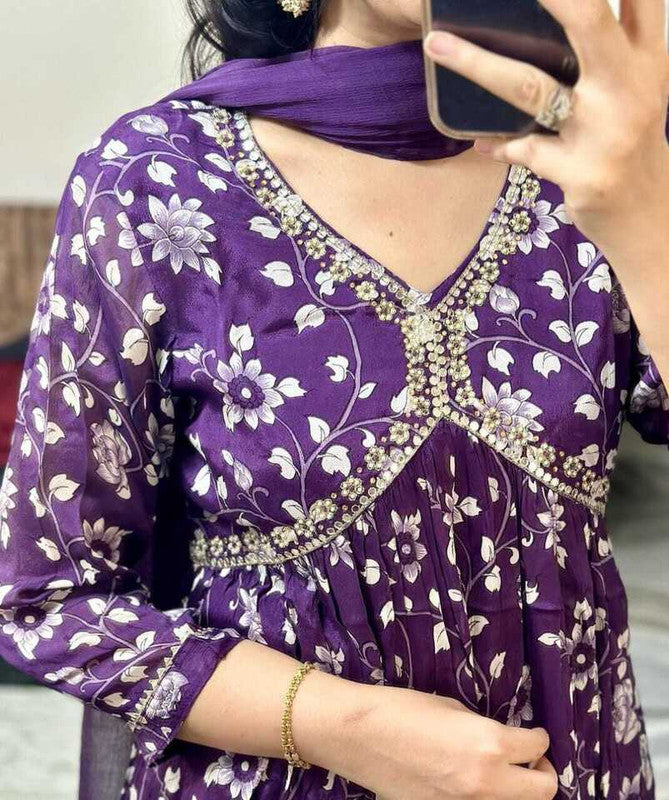 Malishka Women's Purple Viscose Cotton Floral Printed & Embroidery Kurta Pant Set With Dupatta - Distacart