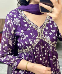 Thumbnail for Malishka Women's Purple Viscose Cotton Floral Printed & Embroidery Kurta Pant Set With Dupatta - Distacart