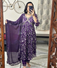 Thumbnail for Malishka Women's Purple Viscose Cotton Floral Printed & Embroidery Kurta Pant Set With Dupatta - Distacart