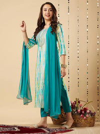 Thumbnail for Malishka Women's Sky Blue Viscose Cotton Leheriya Printed & Embroidery Kurta Pant Set With Dupatta - Distacart