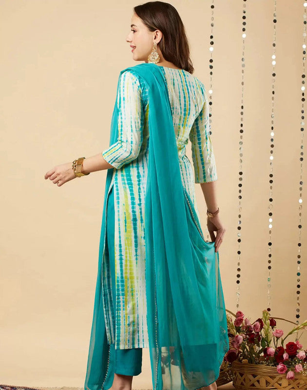 Malishka Women's Sky Blue Viscose Cotton Leheriya Printed & Embroidery Kurta Pant Set With Dupatta - Distacart