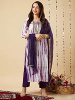Thumbnail for Malishka Women's Purple Viscose Cotton Leheriya Printed & Embroidery Kurta Pant Set With Dupatta - Distacart