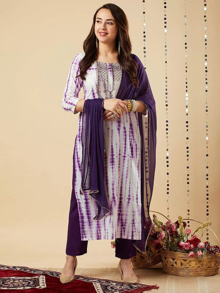Malishka Women's Purple Viscose Cotton Leheriya Printed & Embroidery Kurta Pant Set With Dupatta - Distacart
