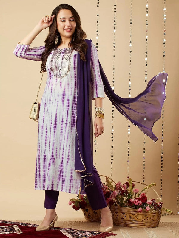 Malishka Women's Purple Viscose Cotton Leheriya Printed & Embroidery Kurta Pant Set With Dupatta - Distacart