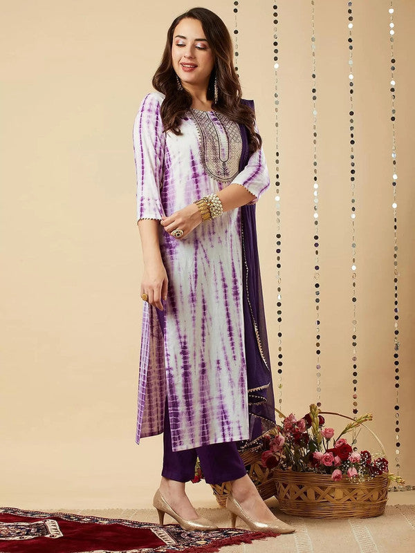 Malishka Women's Purple Viscose Cotton Leheriya Printed & Embroidery Kurta Pant Set With Dupatta - Distacart