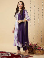 Thumbnail for Malishka Women's Purple Viscose Cotton Leheriya Printed & Embroidery Kurta Pant Set With Dupatta - Distacart
