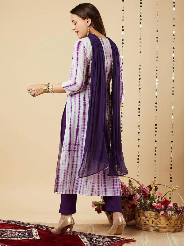 Malishka Women's Purple Viscose Cotton Leheriya Printed & Embroidery Kurta Pant Set With Dupatta - Distacart