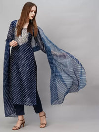 Thumbnail for Malishka Women's Navy Viscose Cotton Leheriya Printed & Embroidery Kurta Pant Set With Dupatta - Distacart