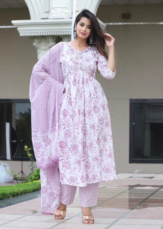 Malishka Women's Viscose Floral Printed Nayra Cut Kurta Pant With Dupatta - Distacart