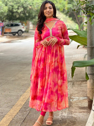 Malishka Women's Georgette Yoke Design Printed Flared Gown With Dupatta - Pink - Distacart