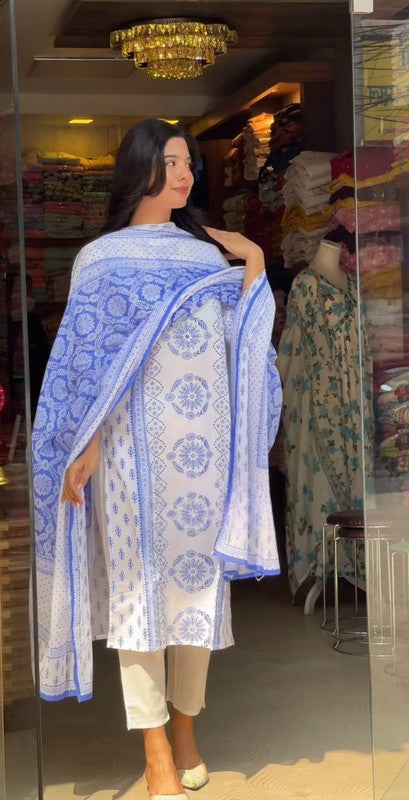 Malishka Women's Viscose Floral Printed Straight Kurta Pant With Dupatta - White & Blue - Distacart