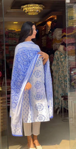 Thumbnail for Malishka Women's Viscose Floral Printed Straight Kurta Pant With Dupatta - White & Blue - Distacart