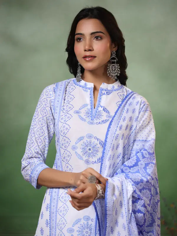 Malishka Women's Viscose Floral Printed Straight Kurta Pant With Dupatta - White & Blue - Distacart