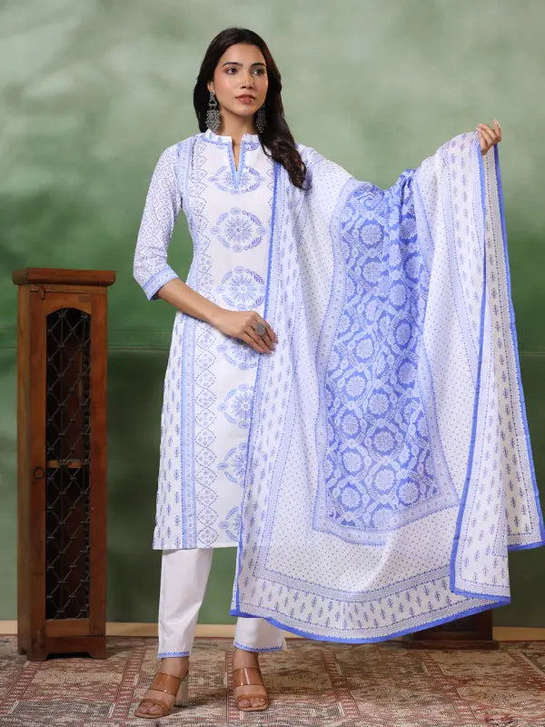 Malishka Women's Viscose Floral Printed Straight Kurta Pant With Dupatta - White & Blue - Distacart