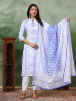 Thumbnail for Malishka Women's Viscose Floral Printed Straight Kurta Pant With Dupatta - White & Blue - Distacart