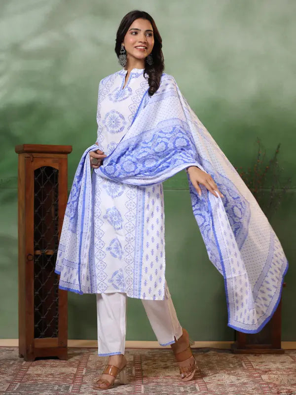 Malishka Women's Viscose Floral Printed Straight Kurta Pant With Dupatta - White & Blue - Distacart