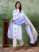 Thumbnail for Malishka Women's Viscose Floral Printed Straight Kurta Pant With Dupatta - White & Blue - Distacart