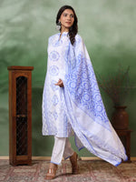 Thumbnail for Malishka Women's Viscose Floral Printed Straight Kurta Pant With Dupatta - White & Blue - Distacart