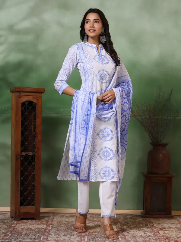 Malishka Women's Viscose Floral Printed Straight Kurta Pant With Dupatta - White & Blue - Distacart