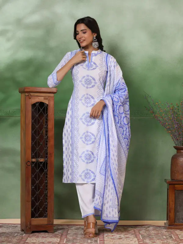 Malishka Women's Viscose Floral Printed Straight Kurta Pant With Dupatta - White & Blue - Distacart