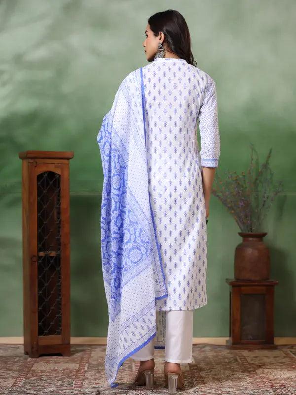 Malishka Women's Viscose Floral Printed Straight Kurta Pant With Dupatta - White & Blue - Distacart