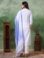 Thumbnail for Malishka Women's Viscose Floral Printed Straight Kurta Pant With Dupatta - White & Blue - Distacart