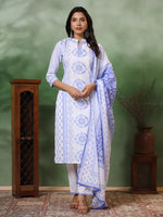 Thumbnail for Malishka Women's Viscose Floral Printed Straight Kurta Pant With Dupatta - White & Blue - Distacart