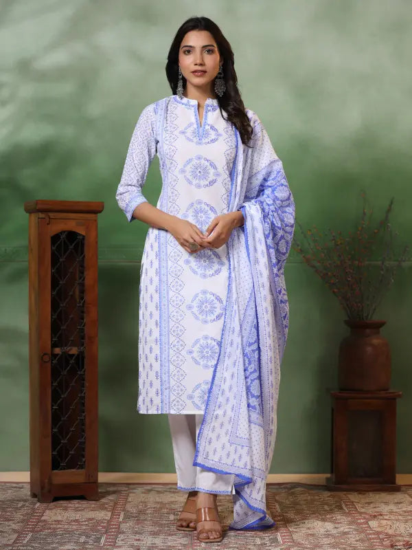 Malishka Women's Viscose Floral Printed Straight Kurta Pant With Dupatta - White & Blue - Distacart