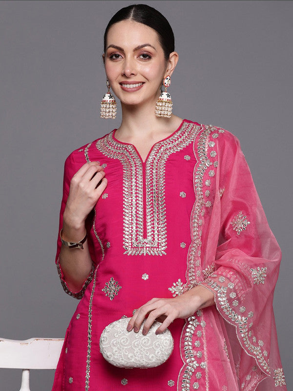 Malishka Women's Viscose Embroidered Straight Kurta Pant With Dupatta - Pink - Distacart