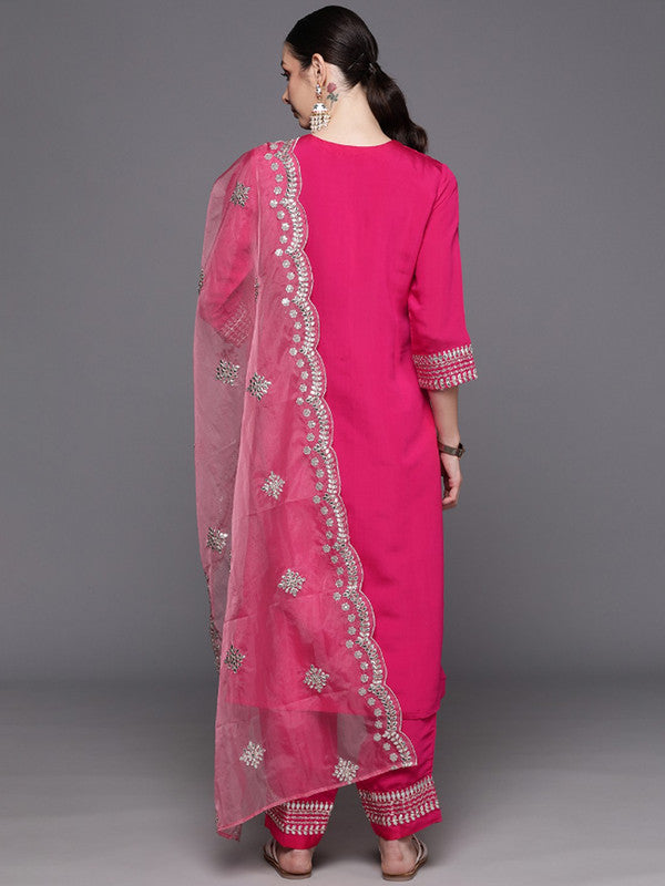 Malishka Women's Viscose Embroidered Straight Kurta Pant With Dupatta - Pink - Distacart