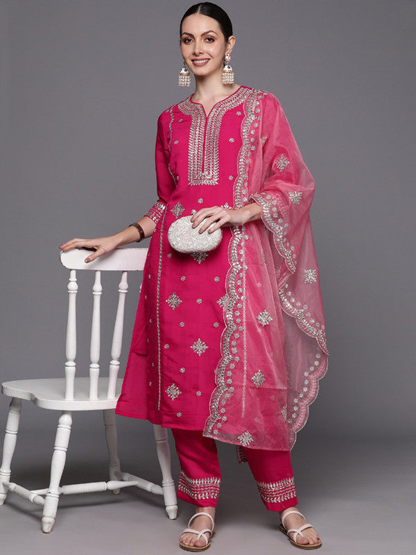 Malishka Women's Viscose Embroidered Straight Kurta Pant With Dupatta - Pink - Distacart