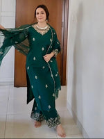 Thumbnail for Malishka Women's Viscose silk Floral Embroidered Straight Kurta Palazzo With Dupatta - Green - Distacart
