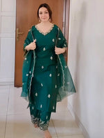 Thumbnail for Malishka Women's Viscose silk Floral Embroidered Straight Kurta Palazzo With Dupatta - Green - Distacart